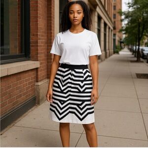Worthington 12P Black White Striped Pencil Skirt Midi Pleated Lined